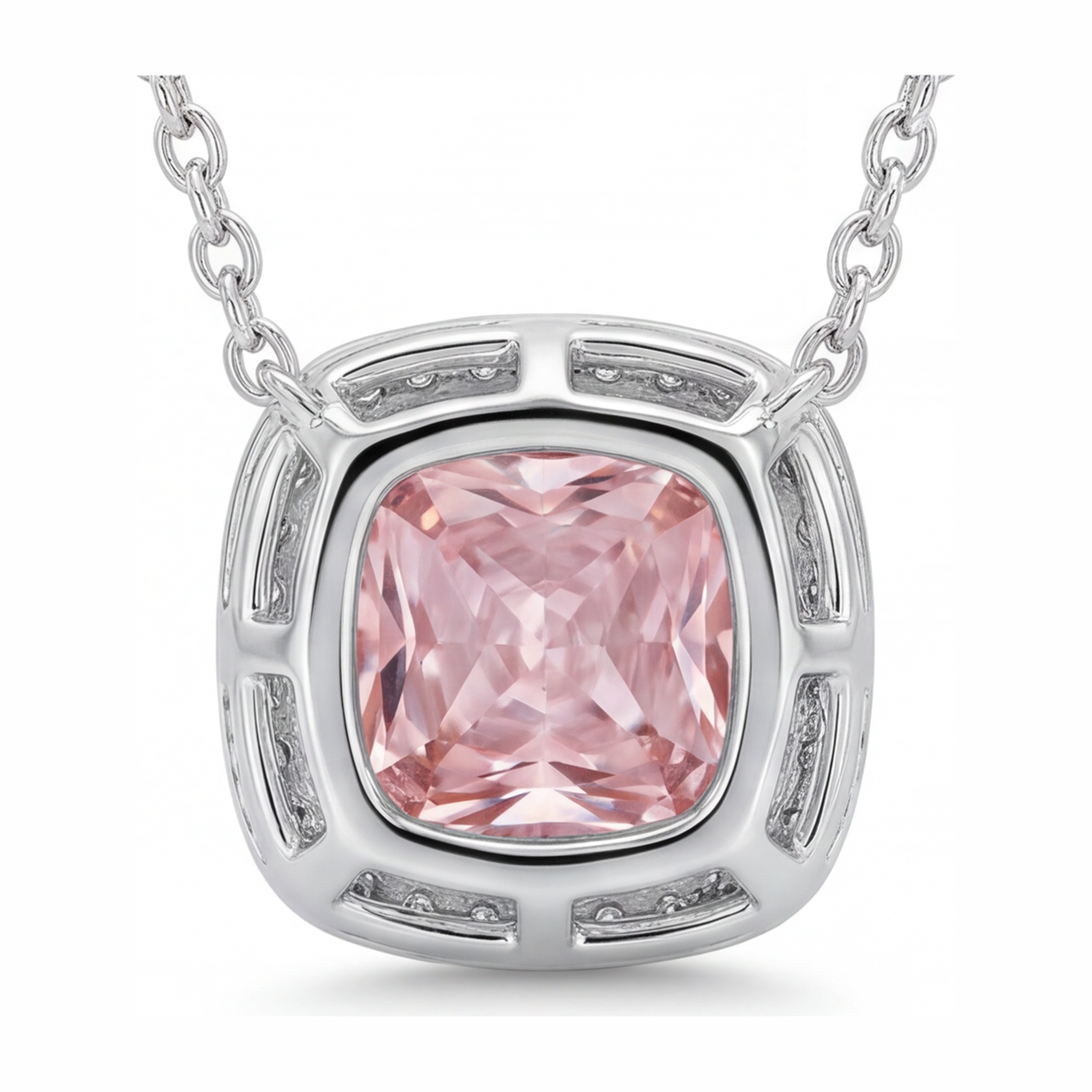 Pink Diamond Necklace 4.5 Carat Lab Grown Radiant Halo Pave Cathedral Pendant 14K White Gold