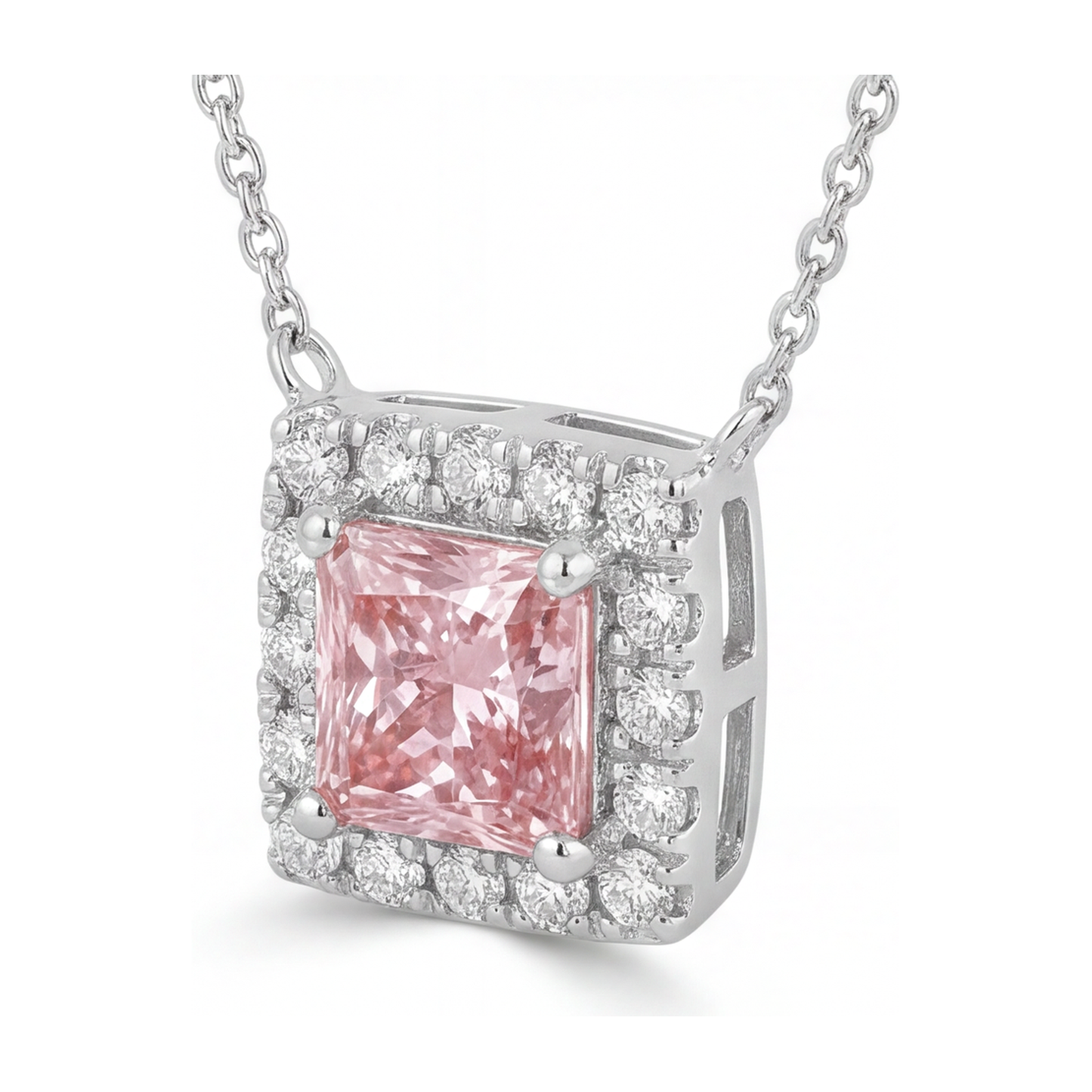 Pink Diamond Necklace 4.5 Carat Lab Grown Radiant Halo Pave Pendant 14K White Gold