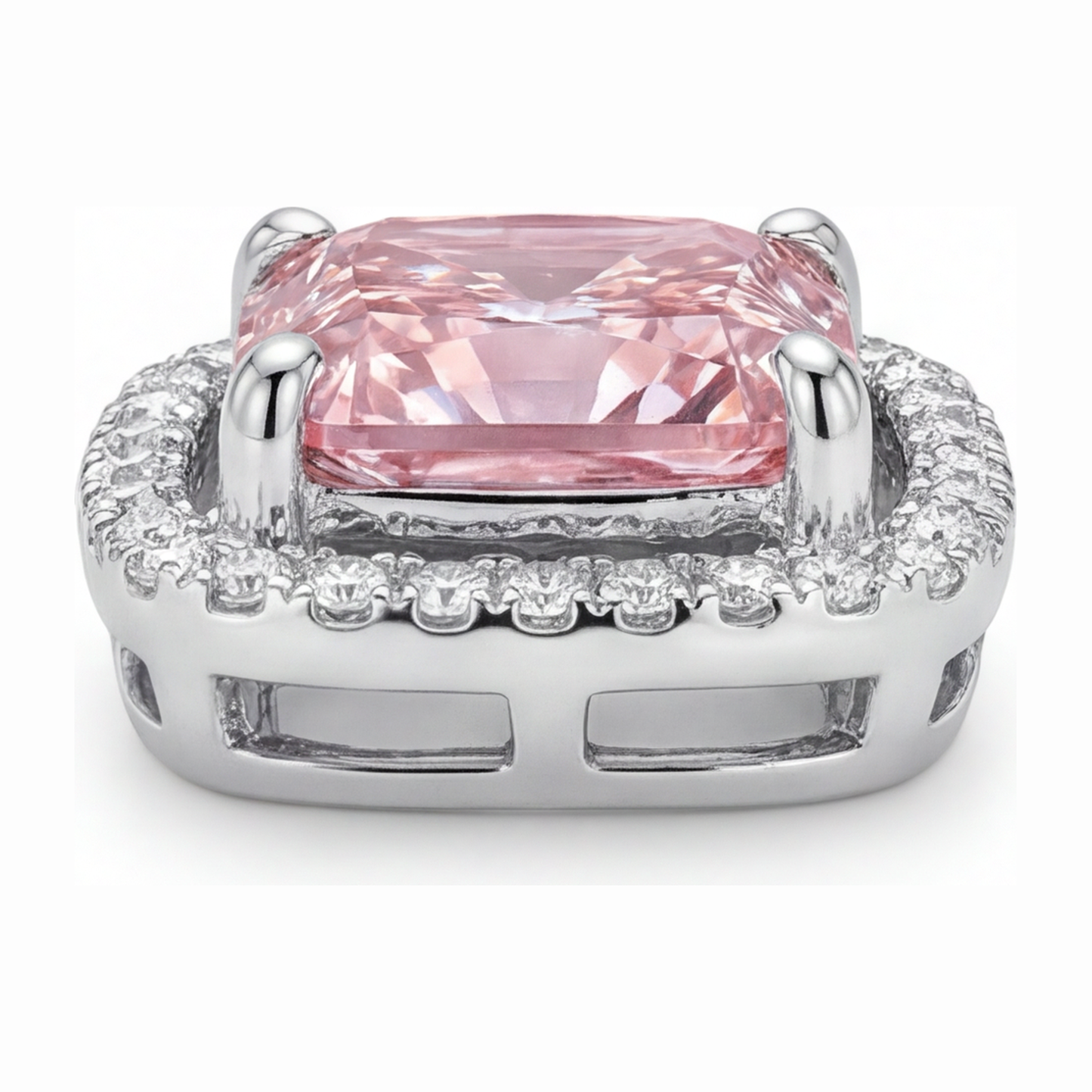 Pink Diamond Necklace 4.5 Carat Lab Grown Radiant Halo Pave Cathedral Pendant 14K White Gold
