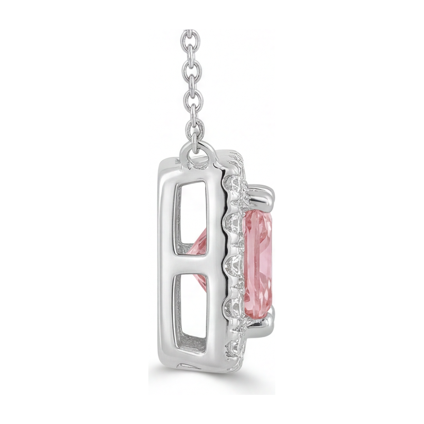 Pink Diamond Necklace 4.5 Carat Lab Grown Radiant Halo Pave Pendant 14K White Gold