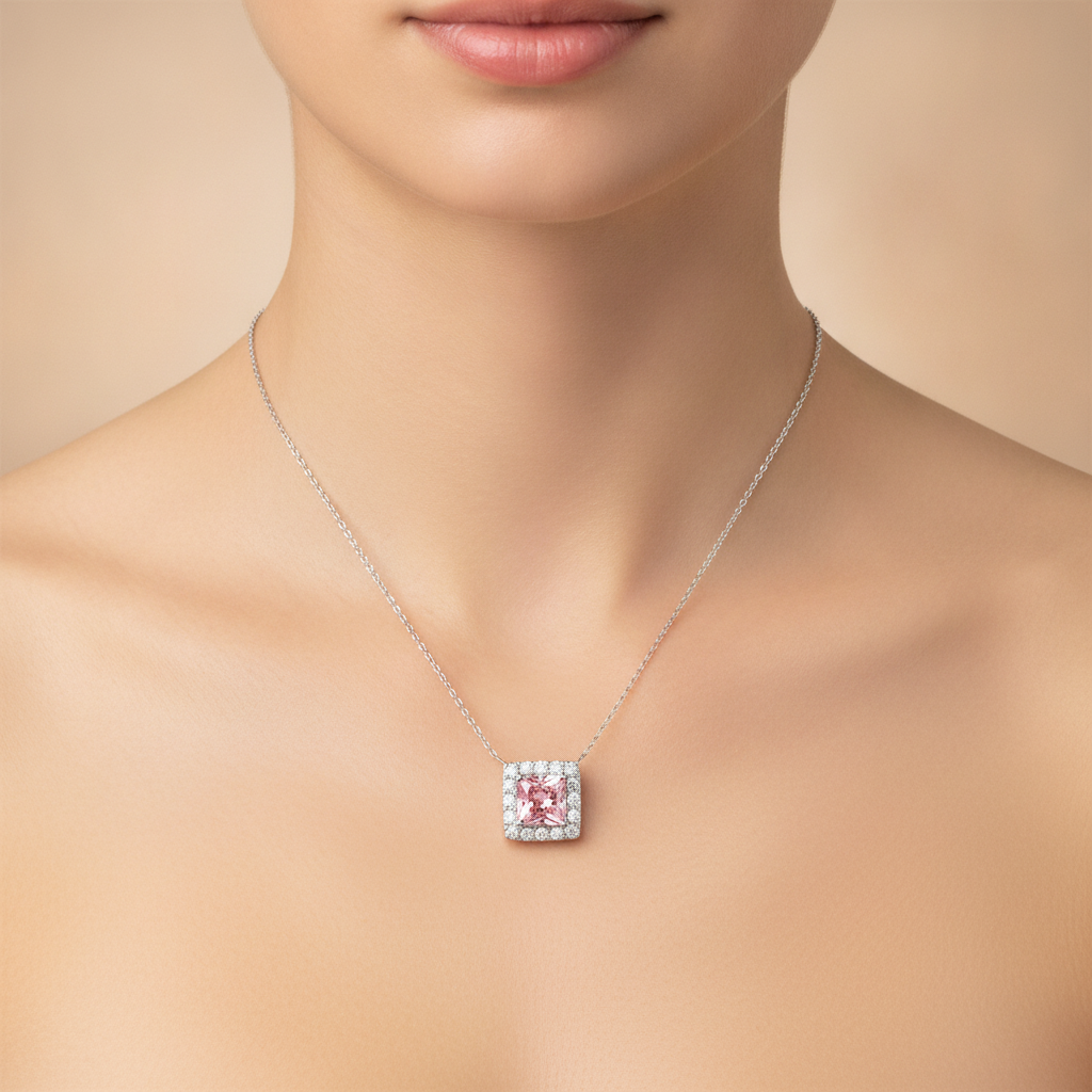 Pink Diamond Necklace 4.5 Carat Lab Grown Radiant Halo Pave Pendant 14K White Gold