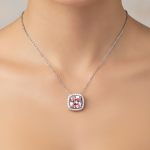 Pink Diamond Necklace 4.5 Carat Lab Grown Radiant Halo Pave Cathedral Pendant 14K White Gold