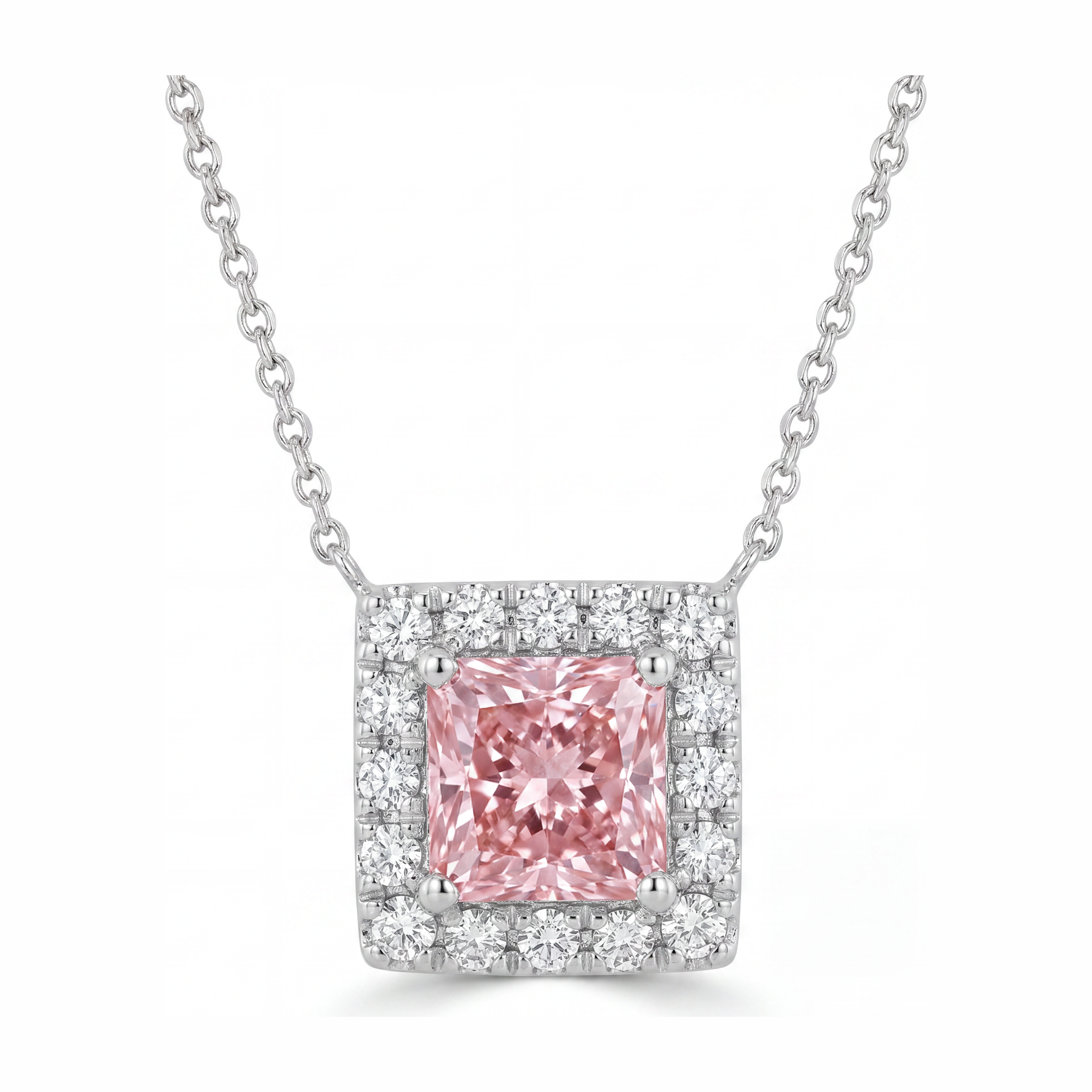 Pink Diamond Necklace 4.5 Carat Lab Grown Radiant Halo Pave Pendant 14K White Gold