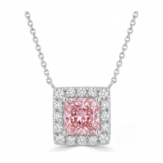 Pink Diamond Necklace 4.5 Carat Lab Grown Radiant Halo Pave Pendant 14K White Gold