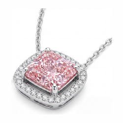 Pink Diamond Necklace 4.5 Carat Lab Grown Radiant Halo Pave Cathedral Pendant 14K White Gold