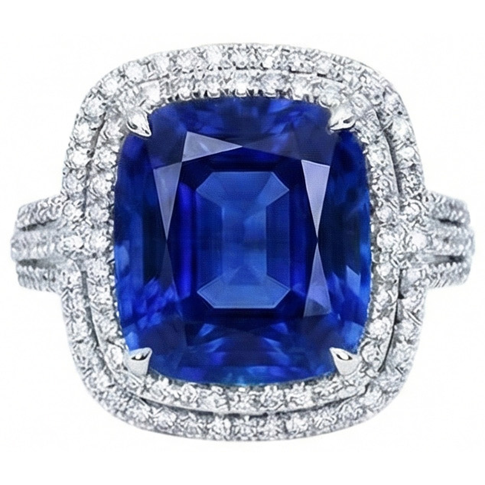 4.50 Ct Cushion Ceylon Blue Sapphire And Round Natural Earth Mined DIAMOND ( NOT LAB GROWN ) Engagement Ring