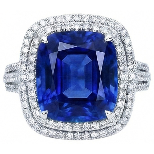4.50 Ct Cushion Ceylon Blue Sapphire And Round Natural Earth Mined DIAMOND ( NOT LAB GROWN ) Engagement Ring
