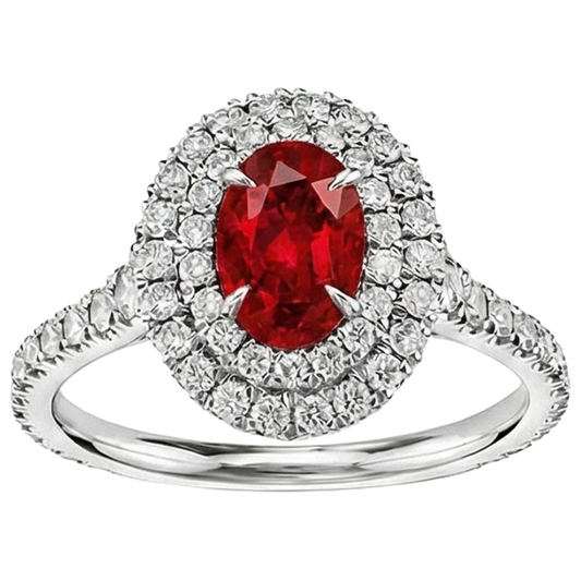4.50 Ct Double Halo Ruby And Natural Earth Mined Diamonds Ring Gold White 14K