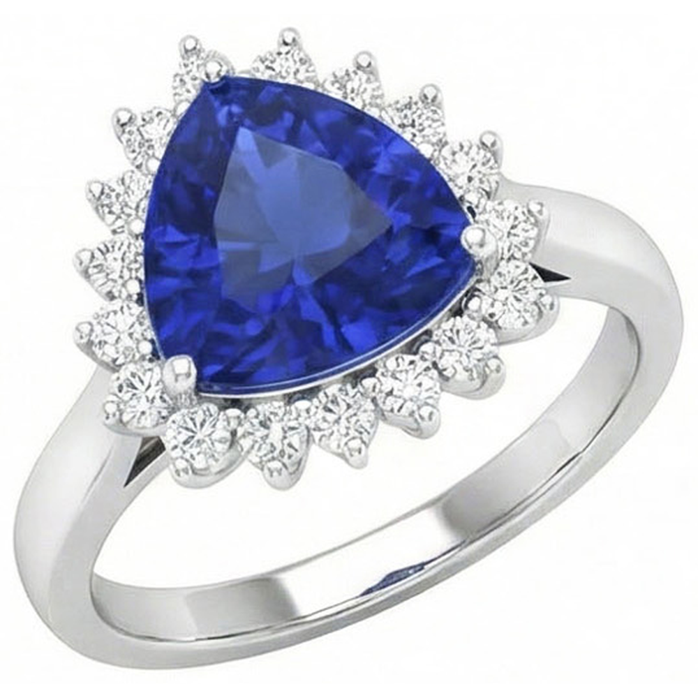 4.60 Carat Trillion Ceylon Sapphire Round Natural Earth Mined DIAMOND ( NOT LAB GROWN )s Ring White Gold 14K