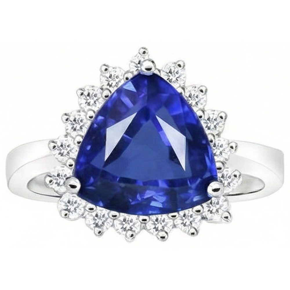4.60 Carat Trillion Ceylon Sapphire Round Natural Earth Mined DIAMOND ( NOT LAB GROWN )s Ring White Gold 14K