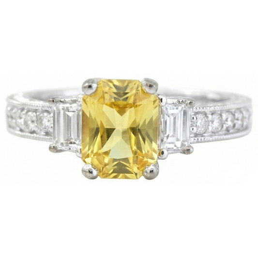 4.75 Ct Radiant Yellow Sapphire And Round Natural Earth Mined Diamonds Ring White Gold