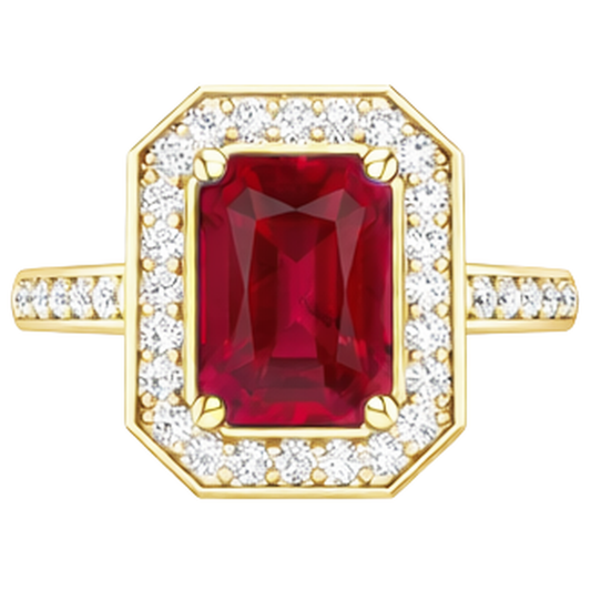 4.75 Ct Red Emerald Cut Ruby And Natural Earth Mined Diamond Wedding Ring Yellow Gold