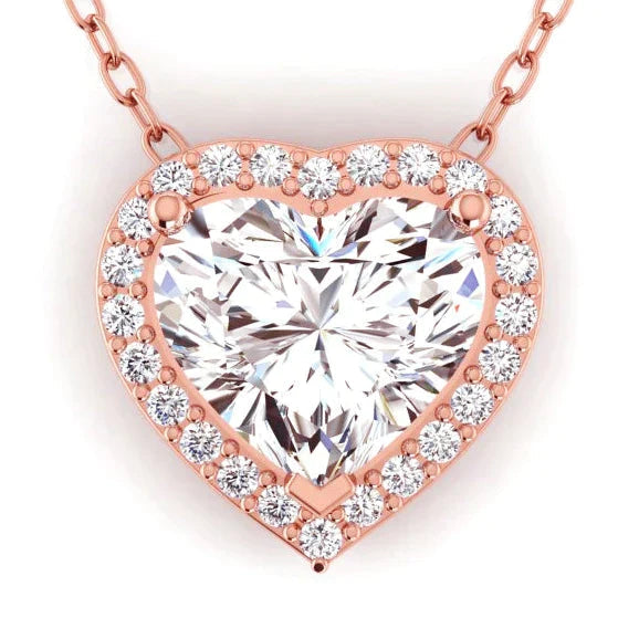 4 Carat Real Heart Shape Halo Diamond Slide Pendant Rose Gold 14K