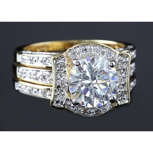 4 Carats Anniversary Ring Set Genuine Round Diamond Yellow Gold 14K