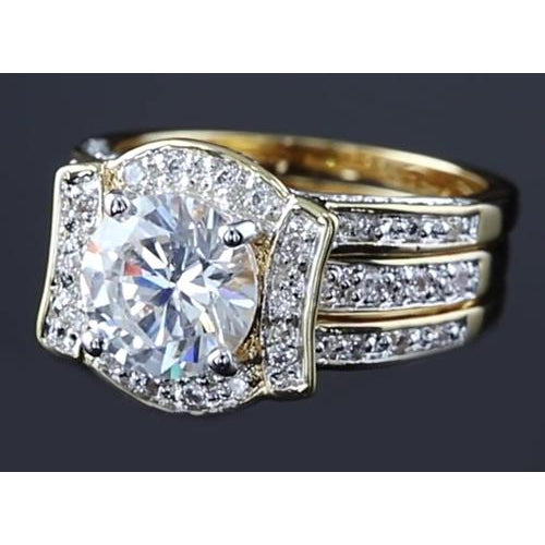 4 Carats Anniversary Ring Set Genuine Round Diamond Yellow Gold 14K