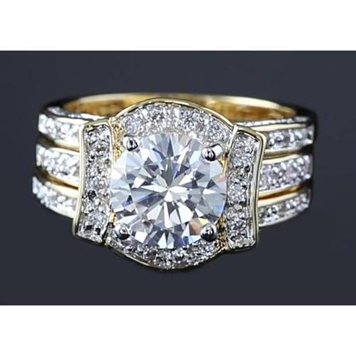 4 Carats Anniversary Ring Set Genuine Round Diamond Yellow Gold 14K