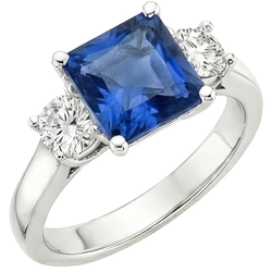 4 Carats Blue Ceylon Sapphire & Round Natural Earth Mined Diamond 3 Stone Ring Gold 14K