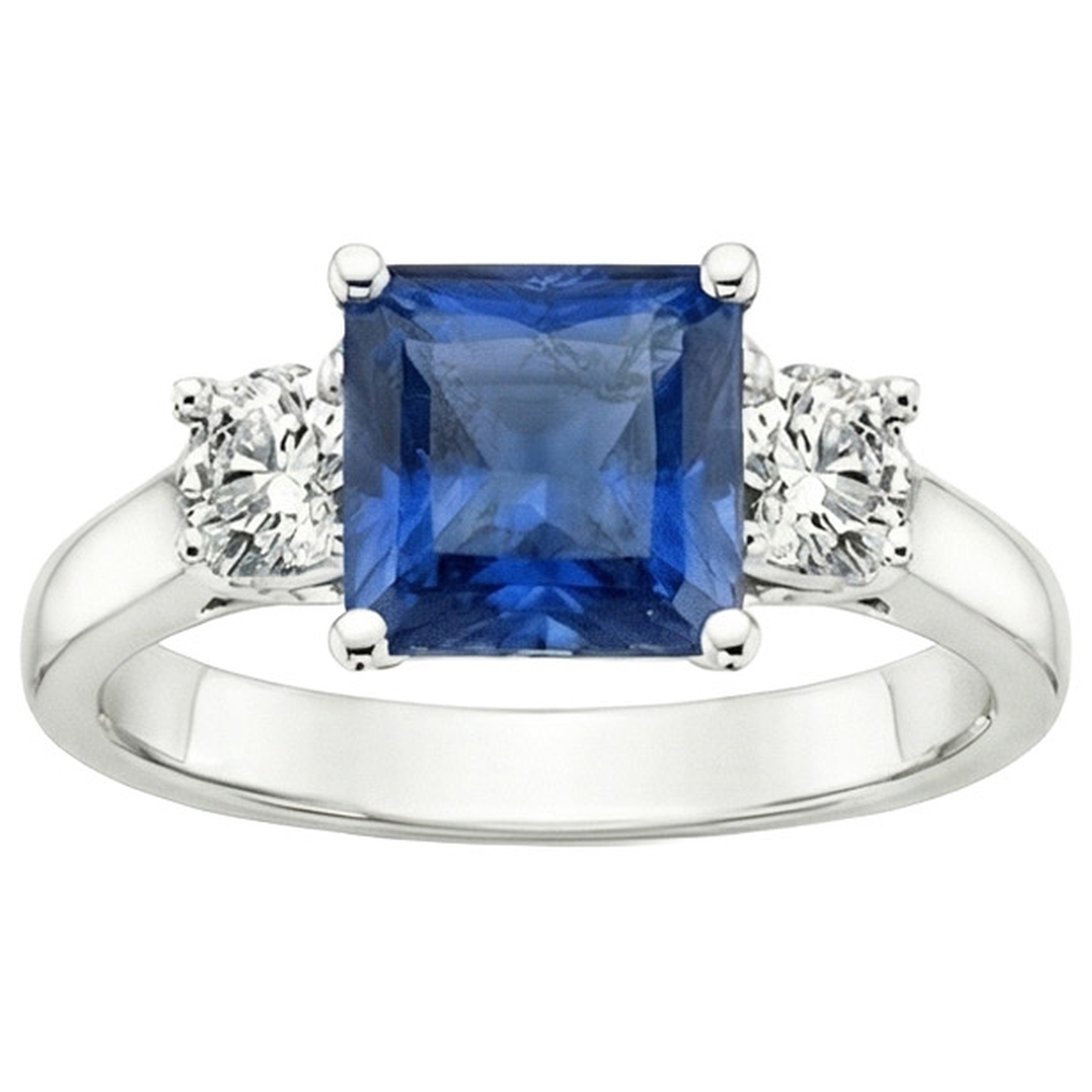 4 Carats Blue Ceylon Sapphire & Round Natural Earth Mined Diamond 3 Stone Ring Gold 14K