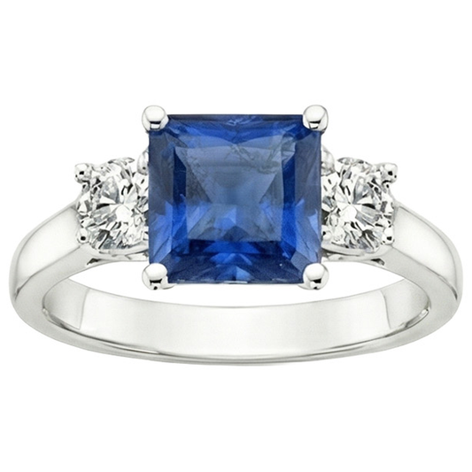 4 Carats Blue Ceylon Sapphire & Round Natural Earth Mined Diamond 3 Stone Ring Gold 14K
