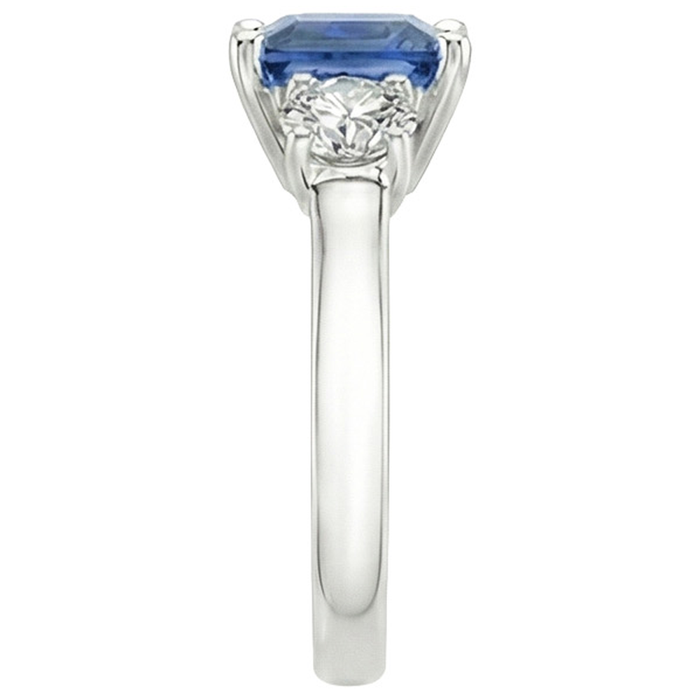 4 Carats Blue Ceylon Sapphire & Round Natural Earth Mined Diamond 3 Stone Ring Gold 14K