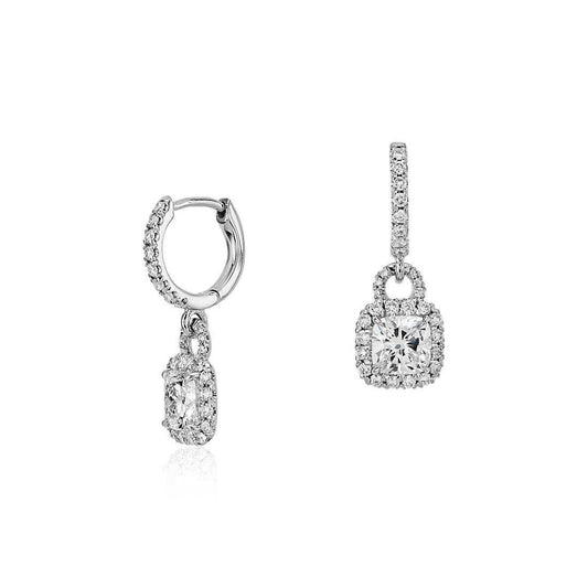 4 Carats Cushion And Round Cut Natural Diamond Dangle Earrings 14K White Gold
