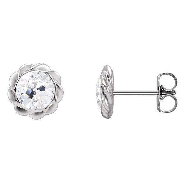 4 Carats Diamond Stud Earrings Bezel Set Real Old Cut Jewelry Twisted Style