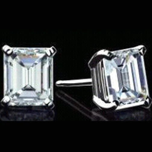 4 Carats Emerald Cut Stud Real Diamond Women Fine Earring White Gold 14K