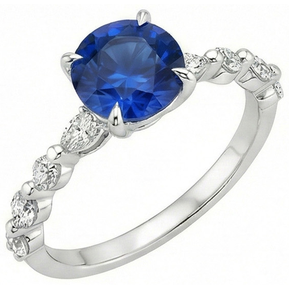 4 Carats Engagement Ring Round Ceylon Sapphire & Natural Earth Mined Diamond Marquise Gold