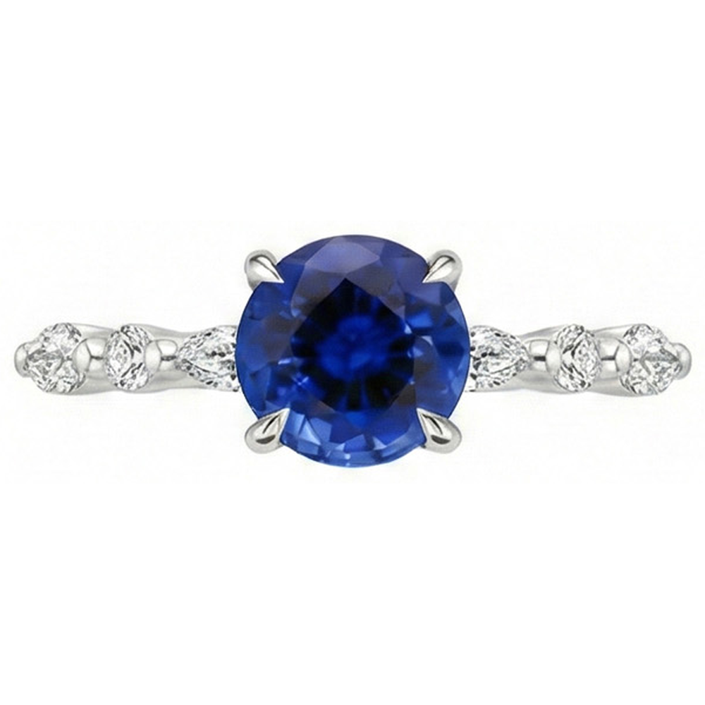 4 Carats Engagement Ring Round Ceylon Sapphire & Natural Earth Mined Diamond Marquise Gold