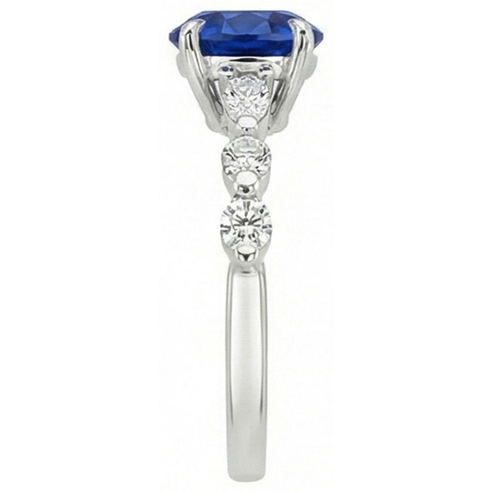 4 Carats Engagement Ring Round Ceylon Sapphire & Natural Earth Mined Diamond Marquise Gold