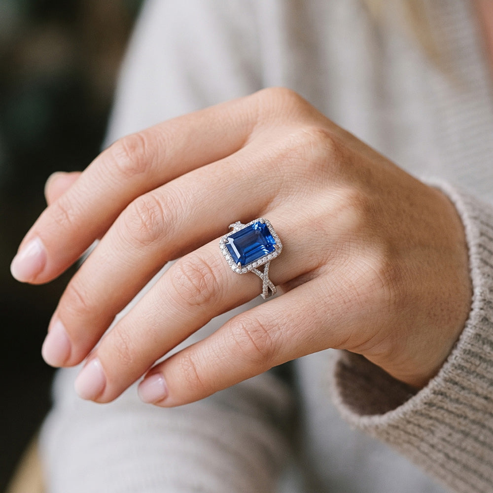 4 Carats Halo Emerald Sri Lankan Sapphire & Natural Earth Mined Diamond Ring Gold