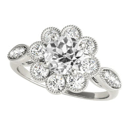 4 Carats Halo Ring Round Real Old Miner Diamond Flower Style 14K Gold