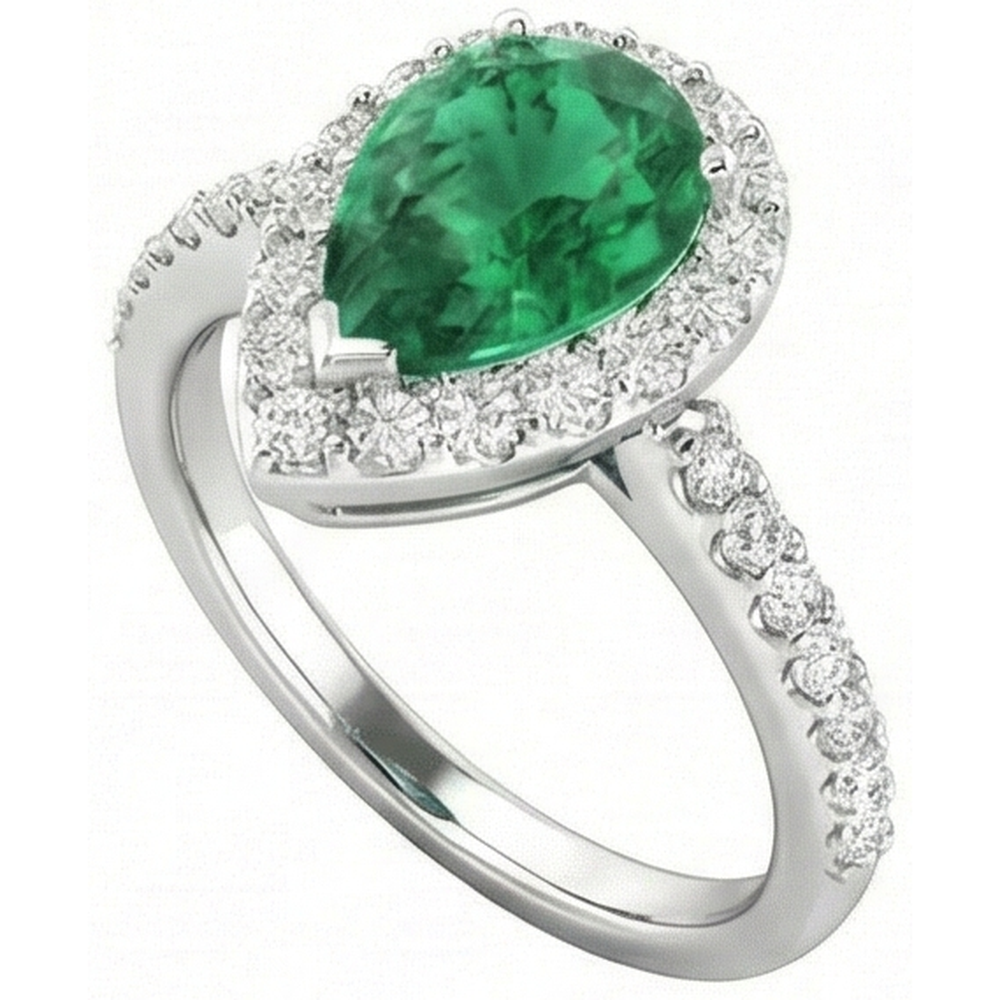 4 Carats Pear Green Emerald & Round Natural Earth Mined Diamond Gemstone Ring White Gold 14K
