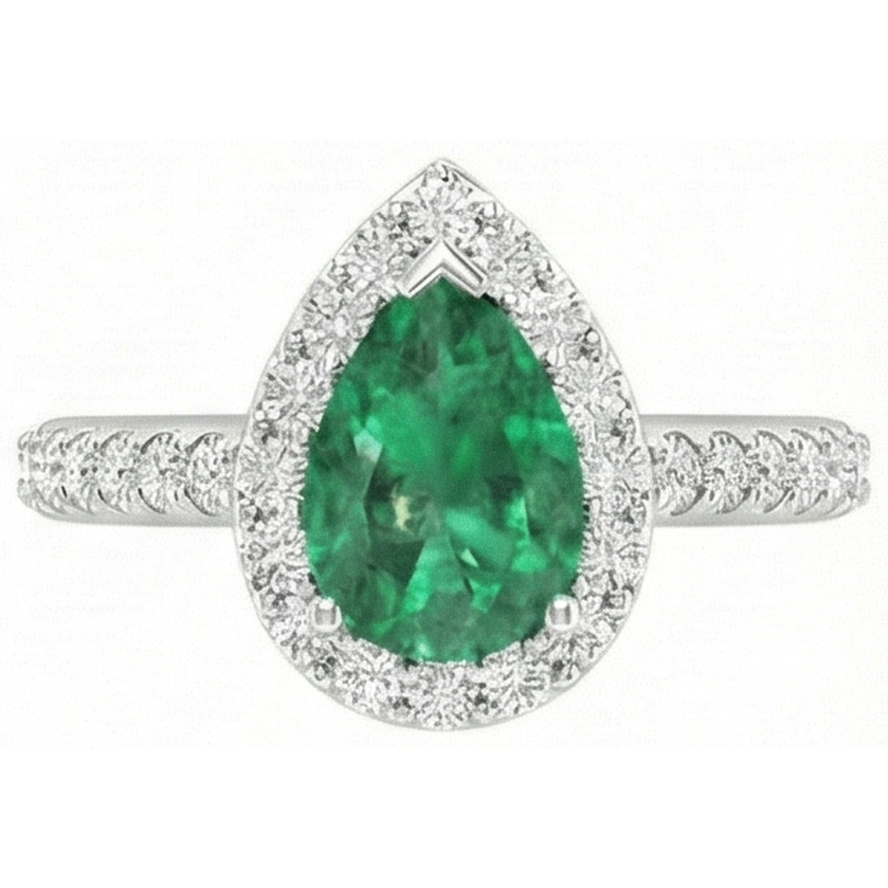 4 Carats Pear Green Emerald & Round Natural Earth Mined Diamond Gemstone Ring White Gold 14K