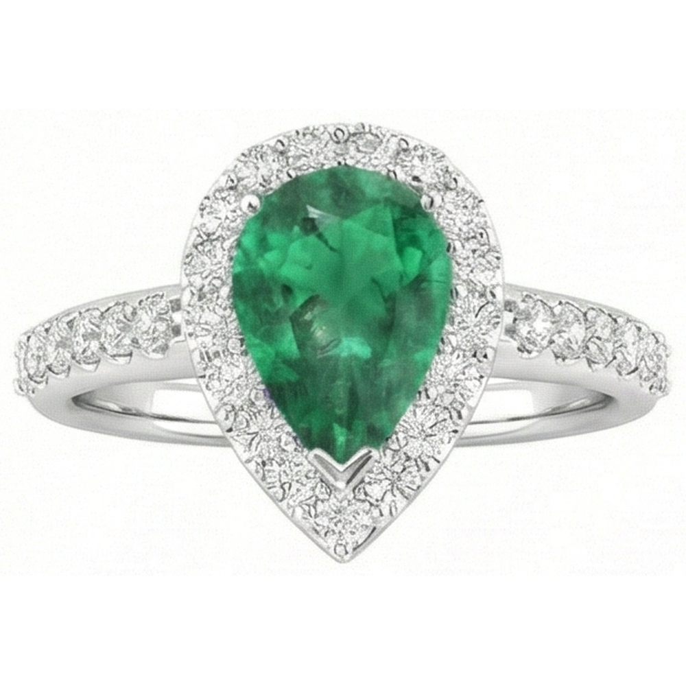 4 Carats Pear Green Emerald & Round Natural Earth Mined Diamond Gemstone Ring White Gold 14K
