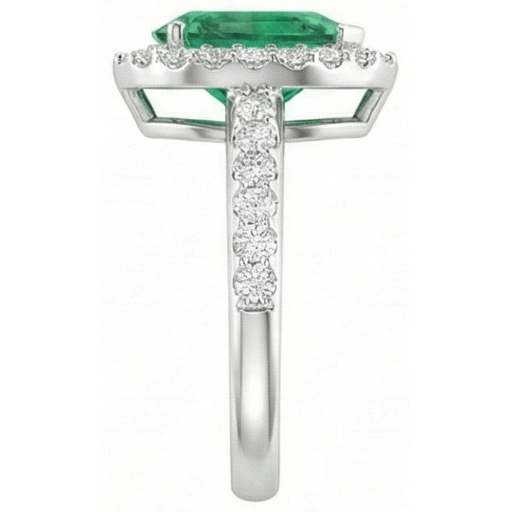 4 Carats Pear Green Emerald & Round Natural Earth Mined Diamond Gemstone Ring White Gold 14K