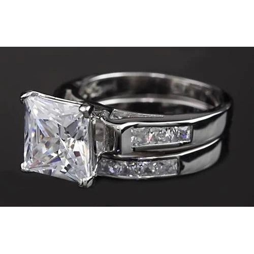 4 Carats Princess Real Diamond Engagement Ring Set White Gold 14K Channel