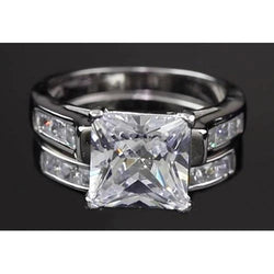 4 Carats Princess Real Diamond Engagement Ring Set White Gold 14K Channel