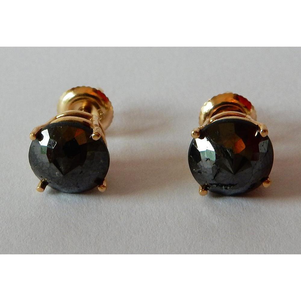 4 Carats Stud Earrings Round Natural Black Diamonds Yellow Gold