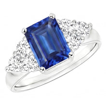 4 Ct Emerald Cut Ceylon Blue Sapphire And Round Natural Earth Mined DIAMOND ( NOT LAB GROWN ) Wedding Ring