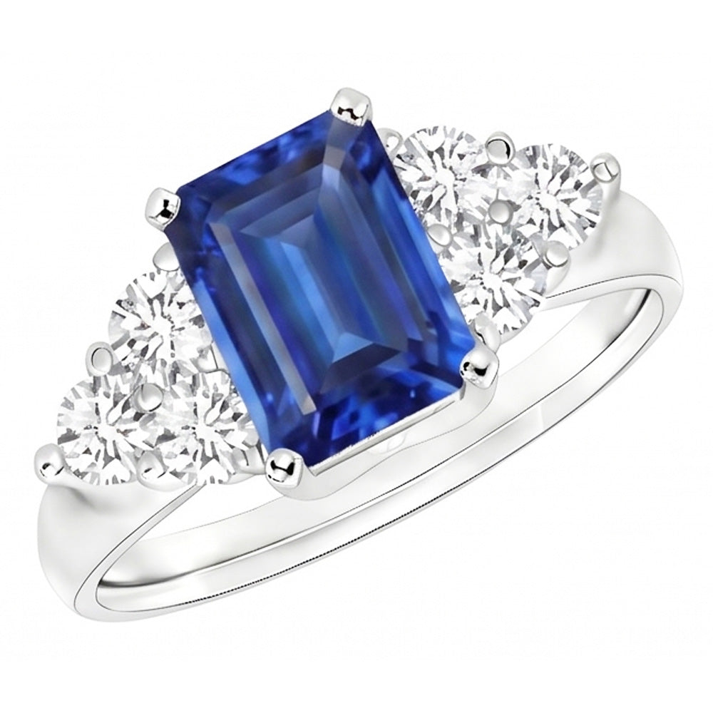 4 Ct Emerald Cut Ceylon Blue Sapphire And Round Natural Earth Mined DIAMOND ( NOT LAB GROWN ) Wedding Ring
