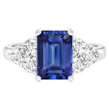 4 Ct Emerald Cut Ceylon Blue Sapphire And Round Natural Earth Mined DIAMOND ( NOT LAB GROWN ) Wedding Ring
