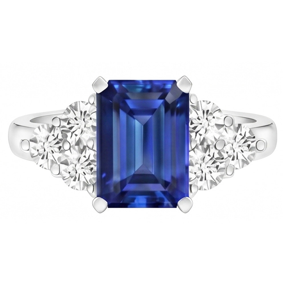 4 Ct Emerald Cut Ceylon Blue Sapphire And Round Natural Earth Mined DIAMOND ( NOT LAB GROWN ) Wedding Ring