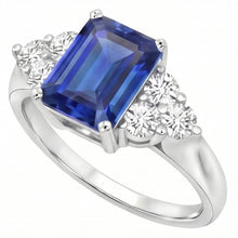 4 Ct Emerald Cut Ceylon Blue Sapphire And Round Natural Earth Mined DIAMOND ( NOT LAB GROWN ) Wedding Ring