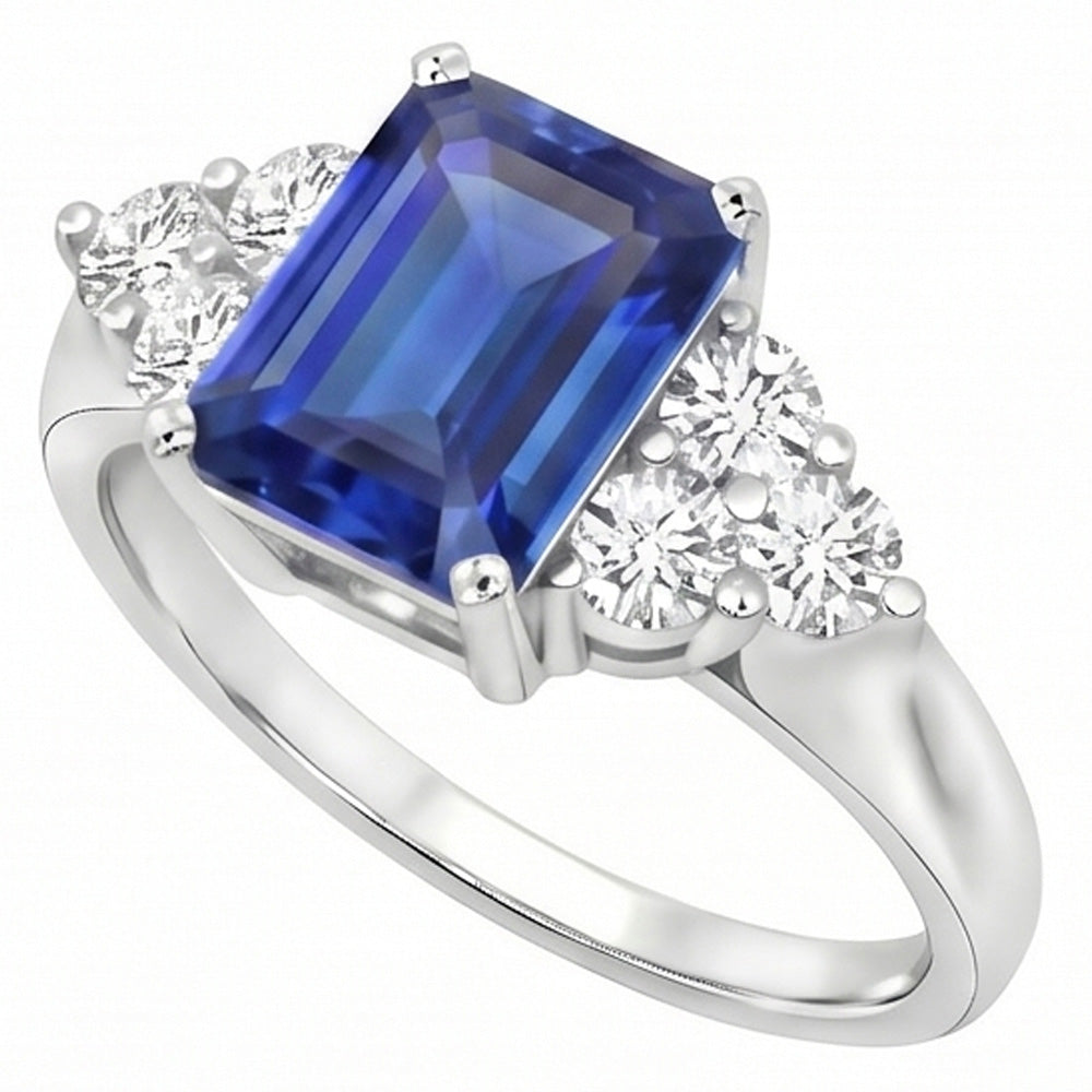 4 Ct Emerald Cut Ceylon Blue Sapphire And Round Natural Earth Mined DIAMOND ( NOT LAB GROWN ) Wedding Ring