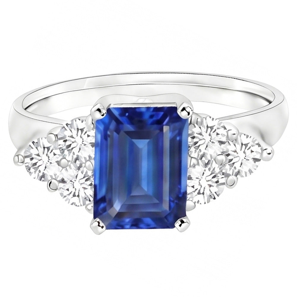4 Ct Emerald Cut Ceylon Blue Sapphire And Round Natural Earth Mined DIAMOND ( NOT LAB GROWN ) Wedding Ring