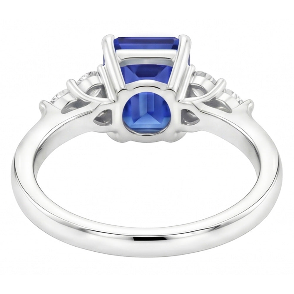 4 Ct Emerald Cut Ceylon Blue Sapphire And Round Natural Earth Mined DIAMOND ( NOT LAB GROWN ) Wedding Ring