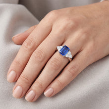 4 Ct Emerald Cut Ceylon Blue Sapphire And Round Natural Earth Mined DIAMOND ( NOT LAB GROWN ) Wedding Ring