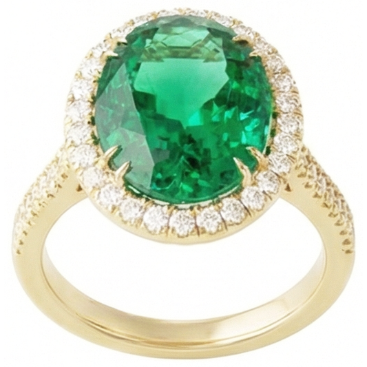 4 Ct Oval Cut Green Emerald With Halo Natural Earth Mined Diamond Ring 14K Yellow Gold