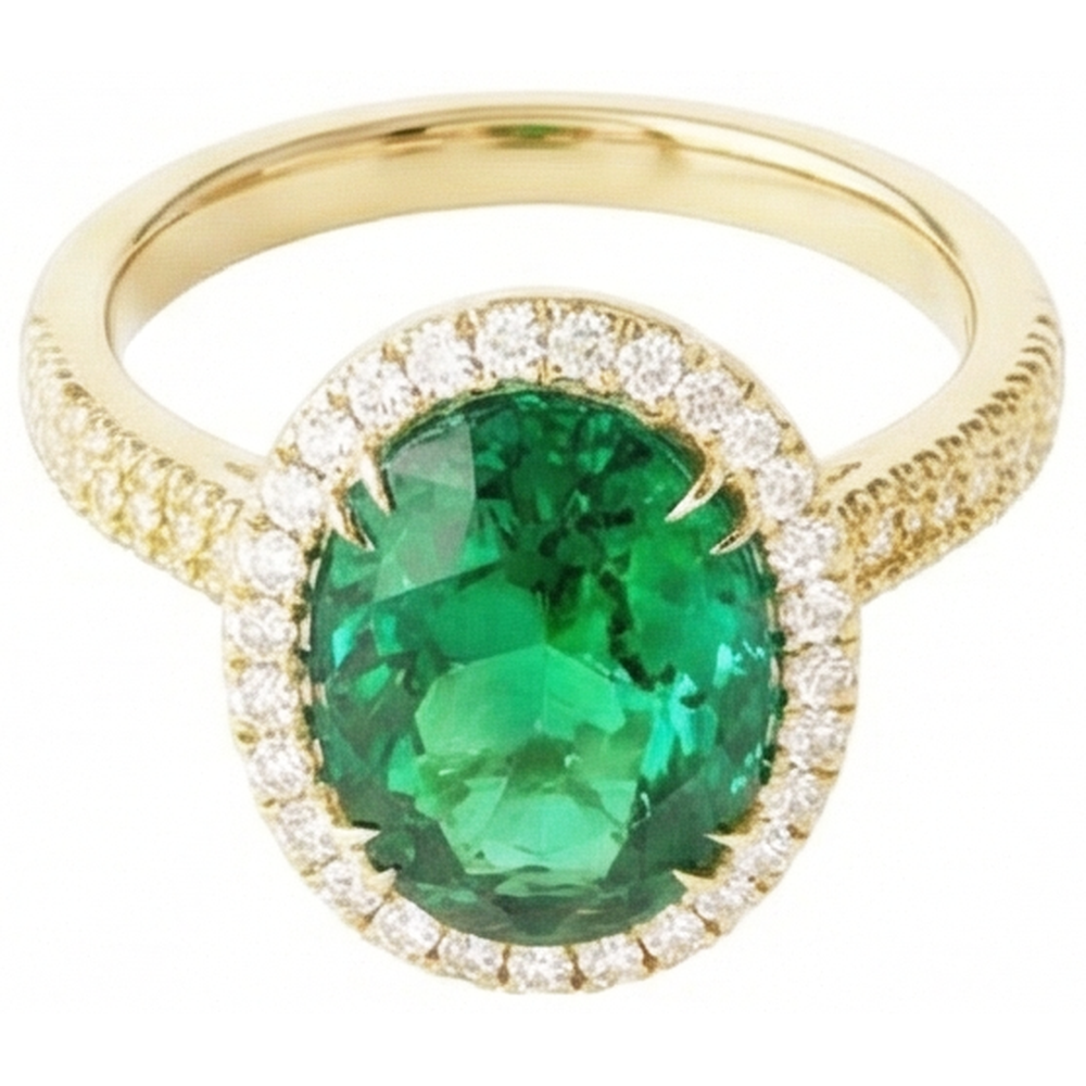 4 Ct Oval Cut Green Emerald With Halo Natural Earth Mined Diamond Ring 14K Yellow Gold